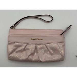 Juicy Couture Pink Glitter Wristlet Clutch Zip Pouch Faux Leather